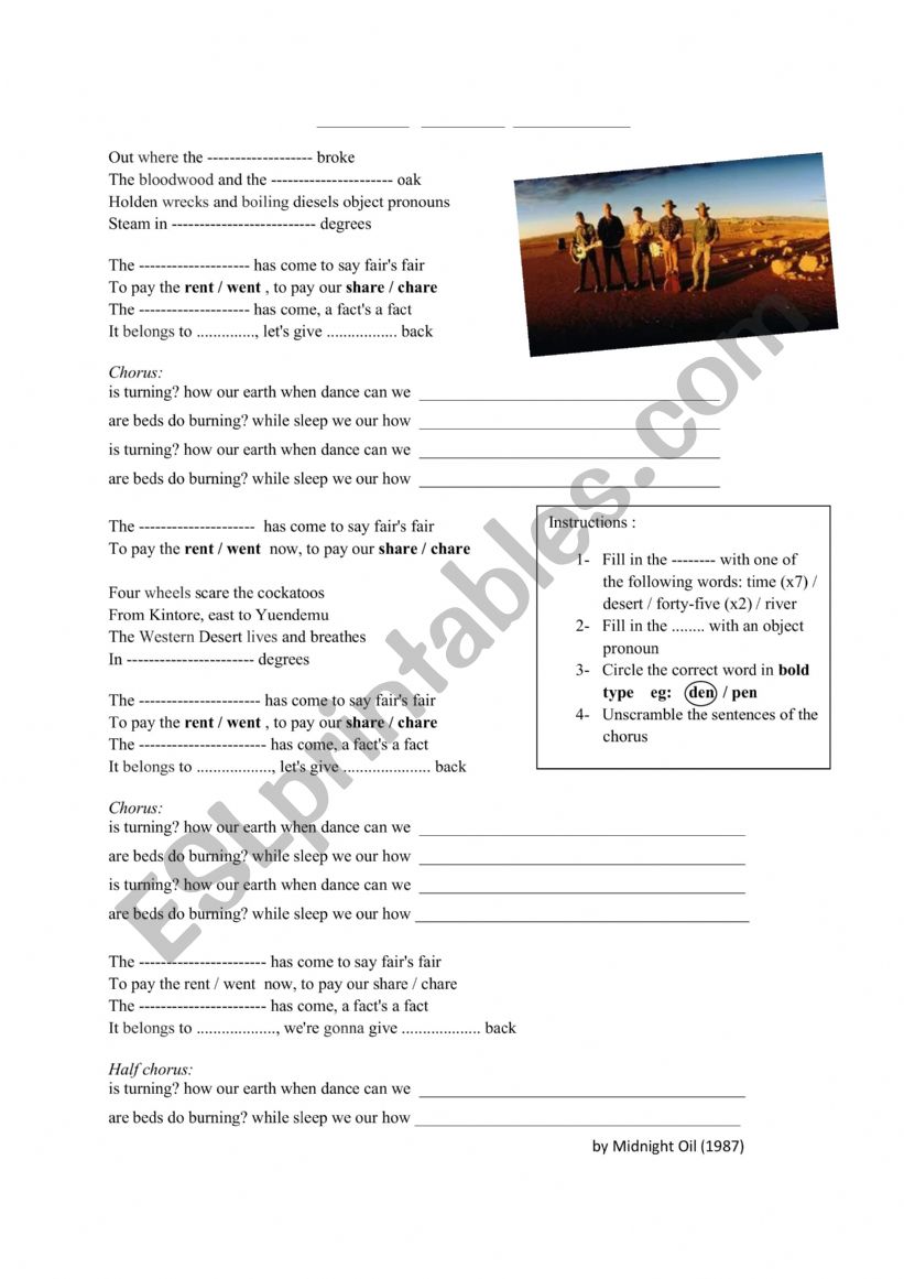 Beds are burning Midnight Oil worksheet