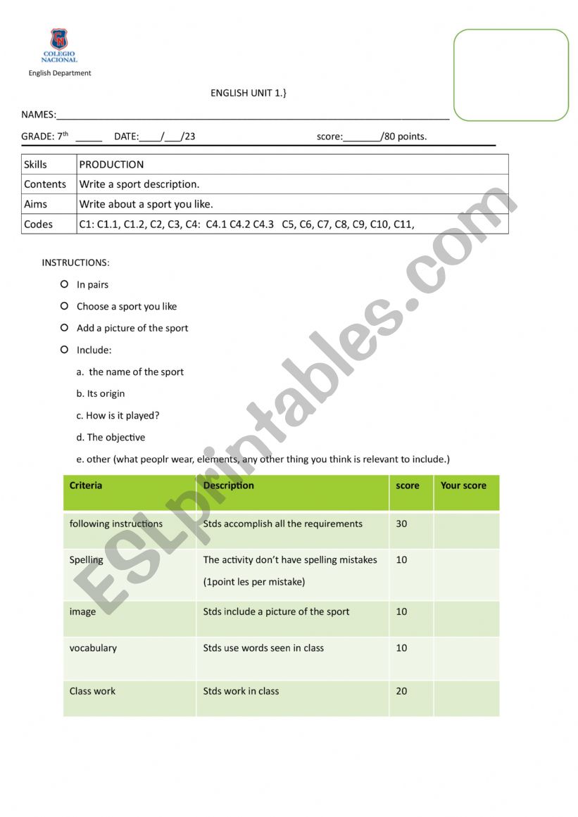 describing a sport worksheet