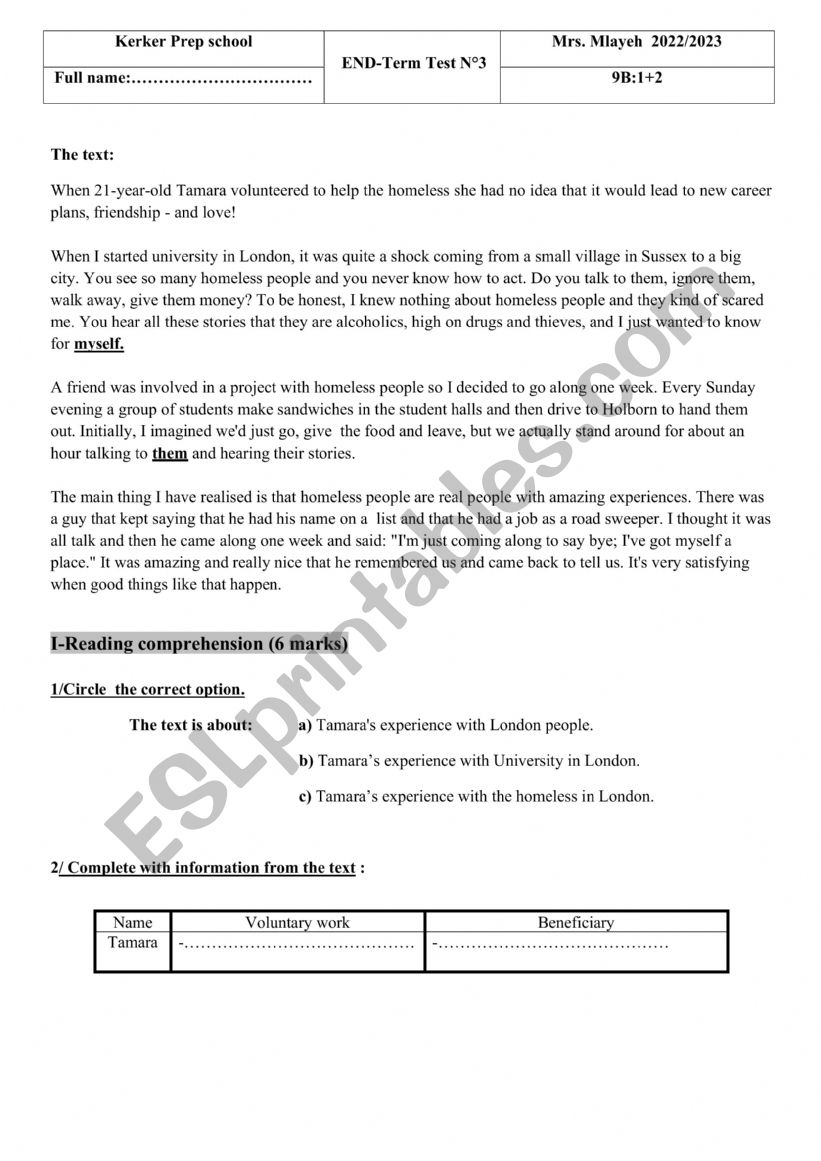 9th form end term test 3 worksheet