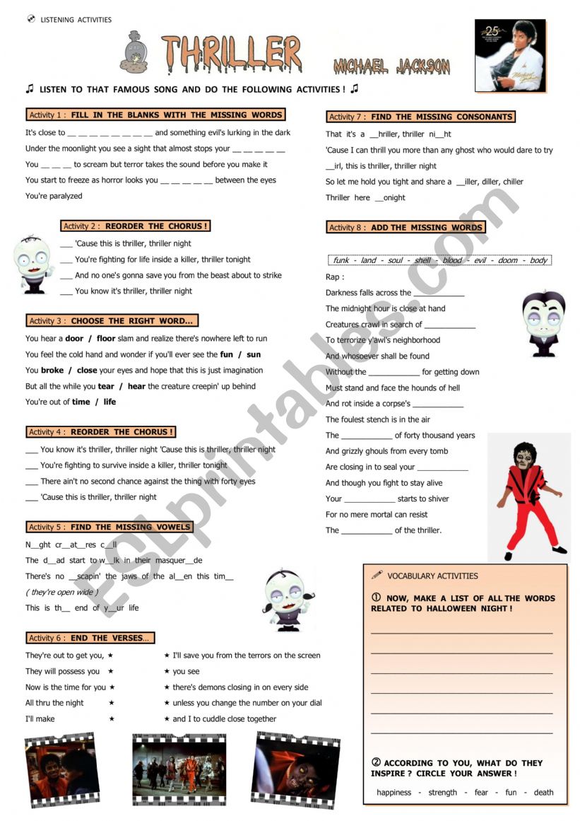 Thriller by Michael Jackson worksheet