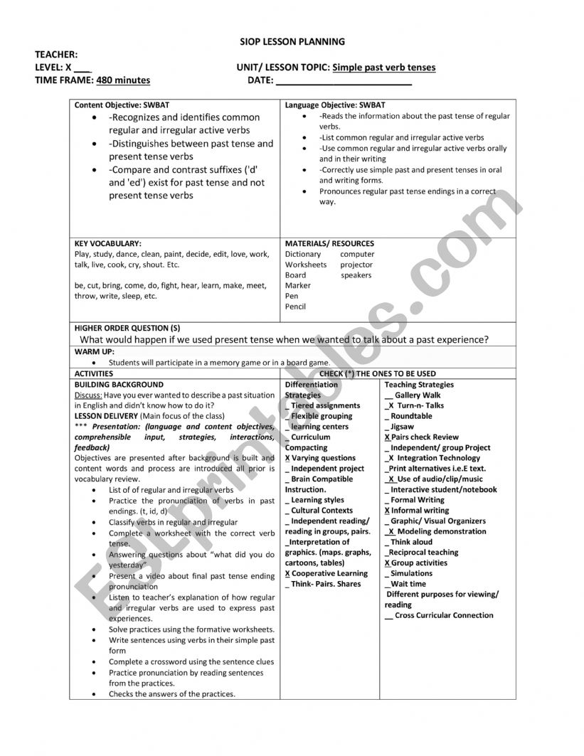 Siop Example worksheet