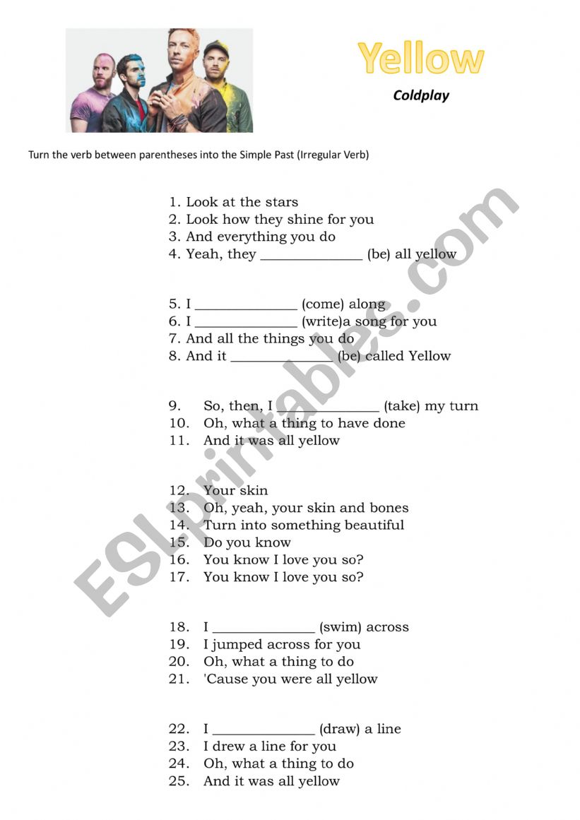 Yellow (Coldplay) worksheet