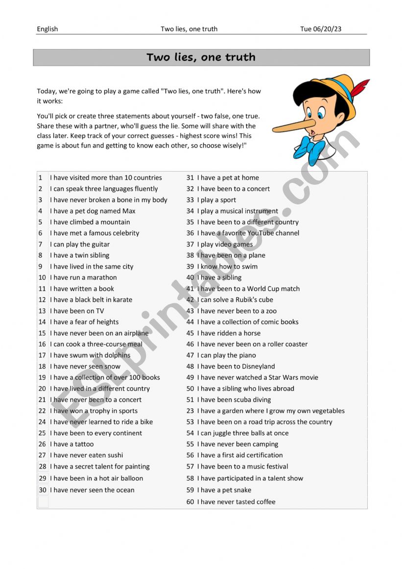 Two lies, one truth worksheet
