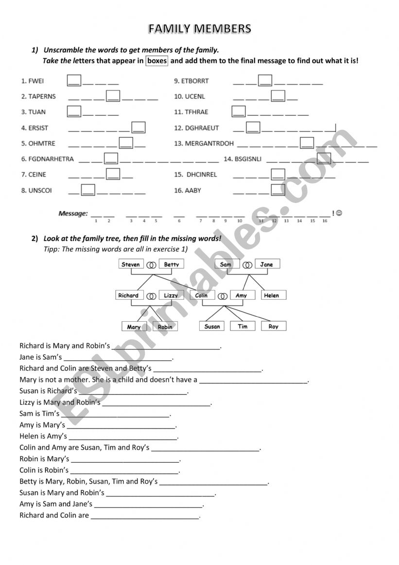 Family members worksheet