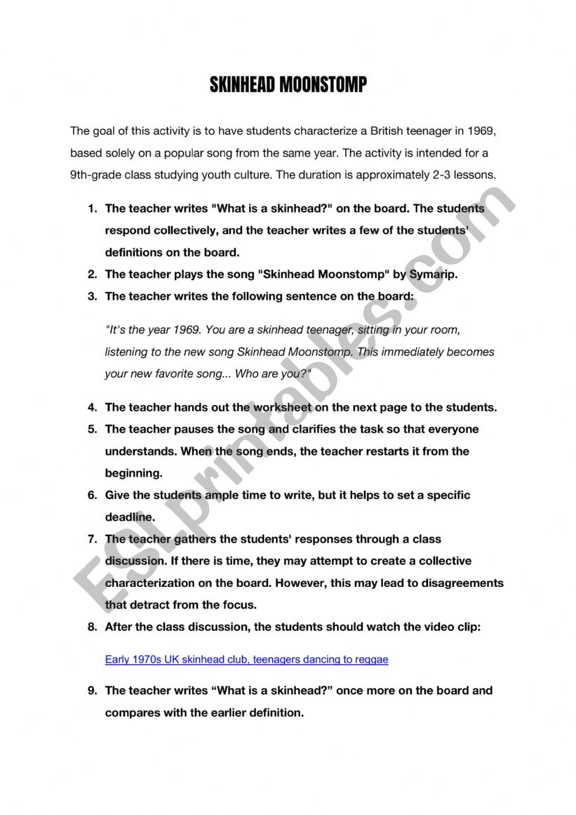 Skinhead Moonstomp worksheet