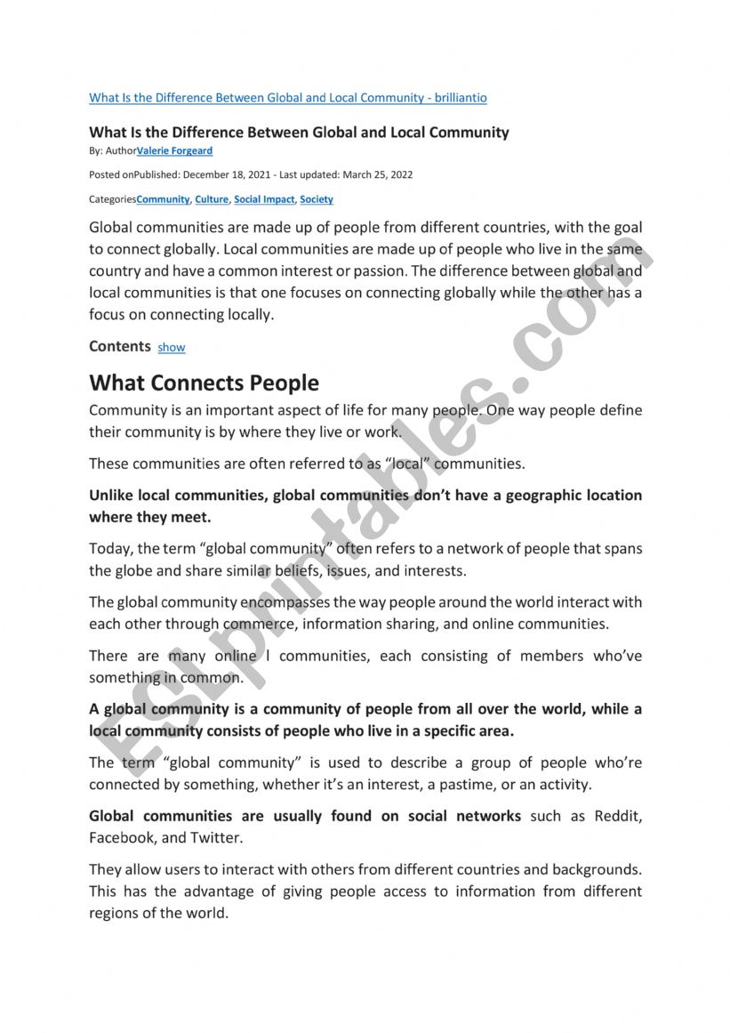 Local communities worksheet