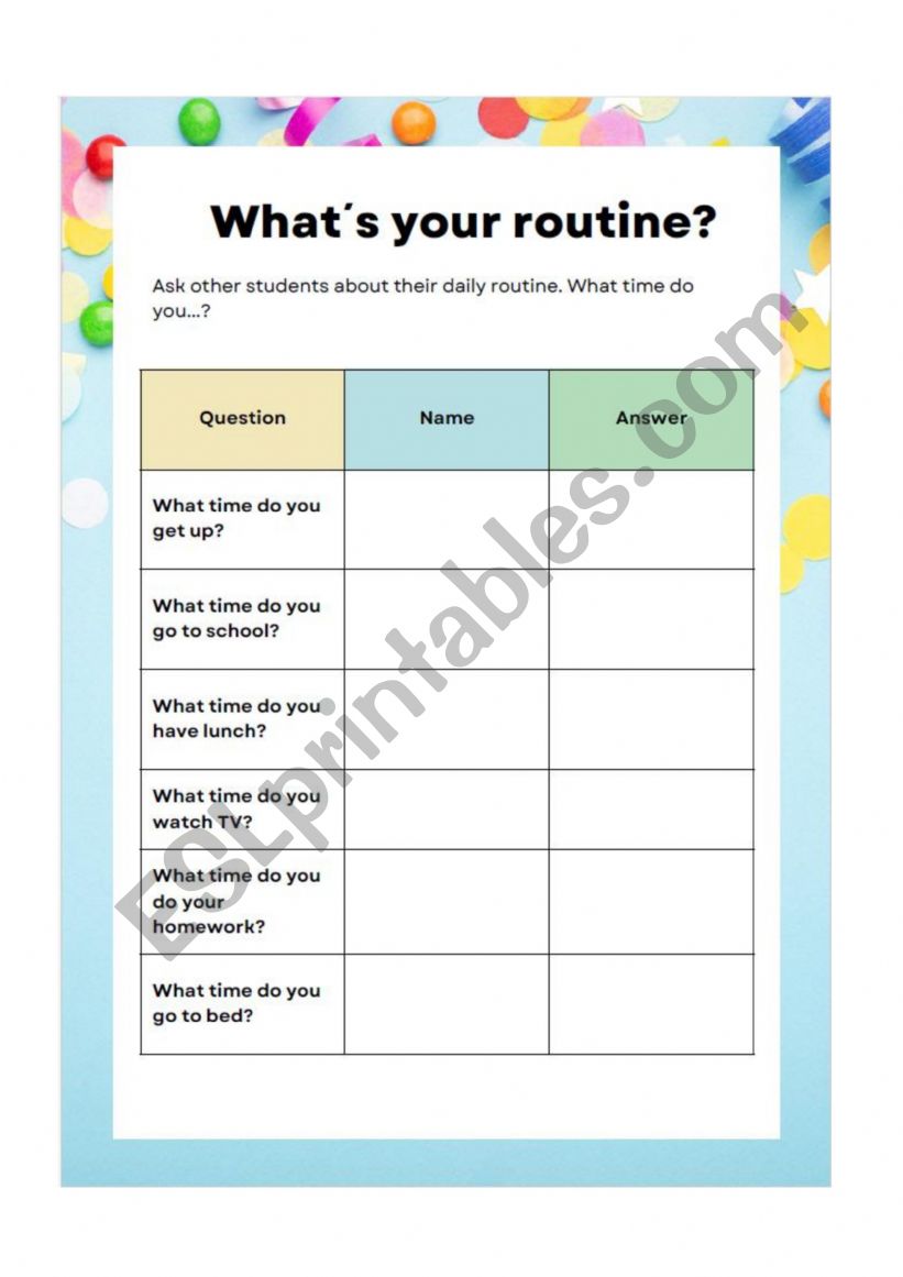 What time... class survey. worksheet