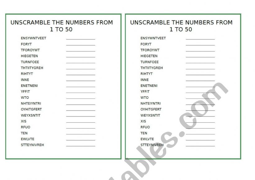 UNSCRAMBLE THE NUMBERS FROM 1 TO 50