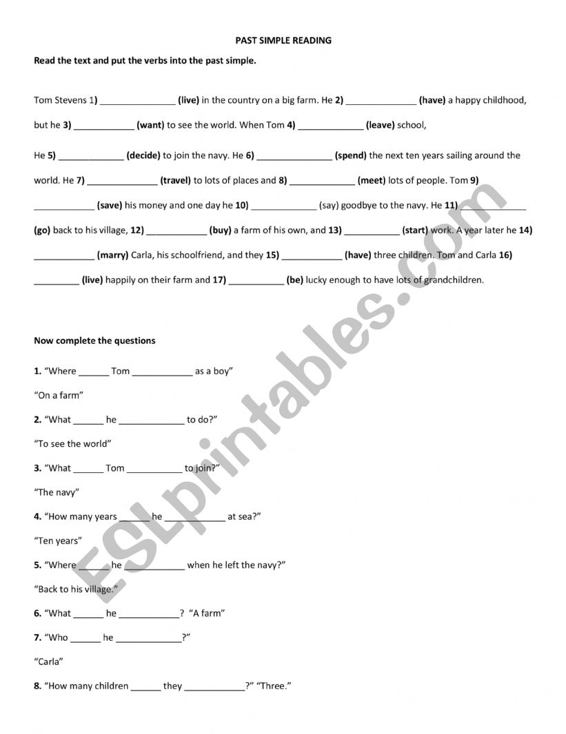 Past Simple Reading worksheet