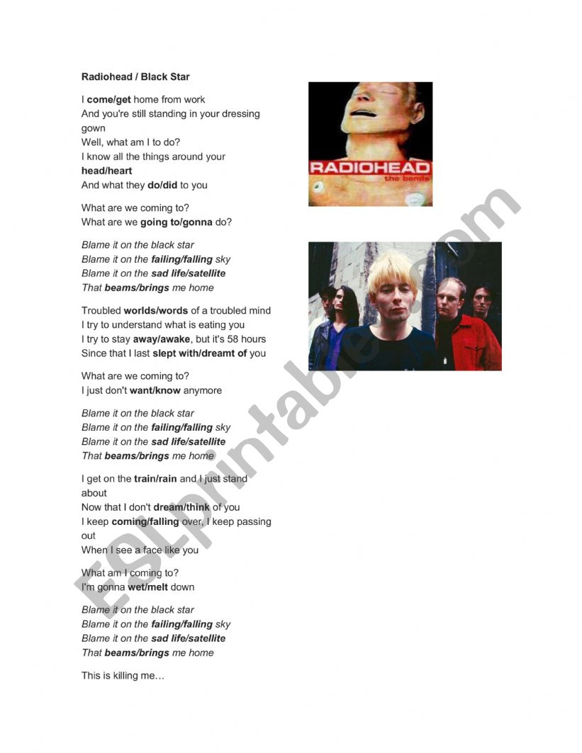 Radiohead / Black Star worksheet