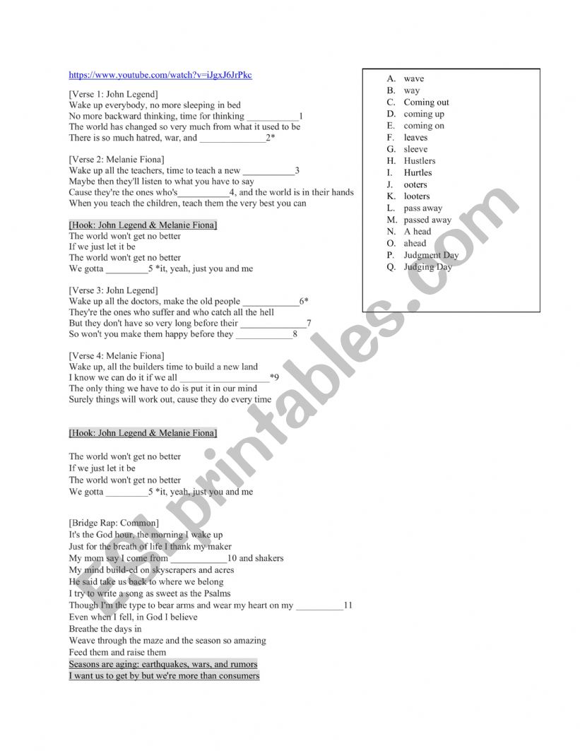 Wake up by john legend worksheet