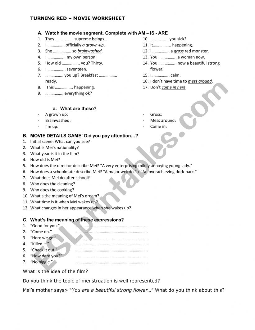 Movie Worksheet Turning Red worksheet