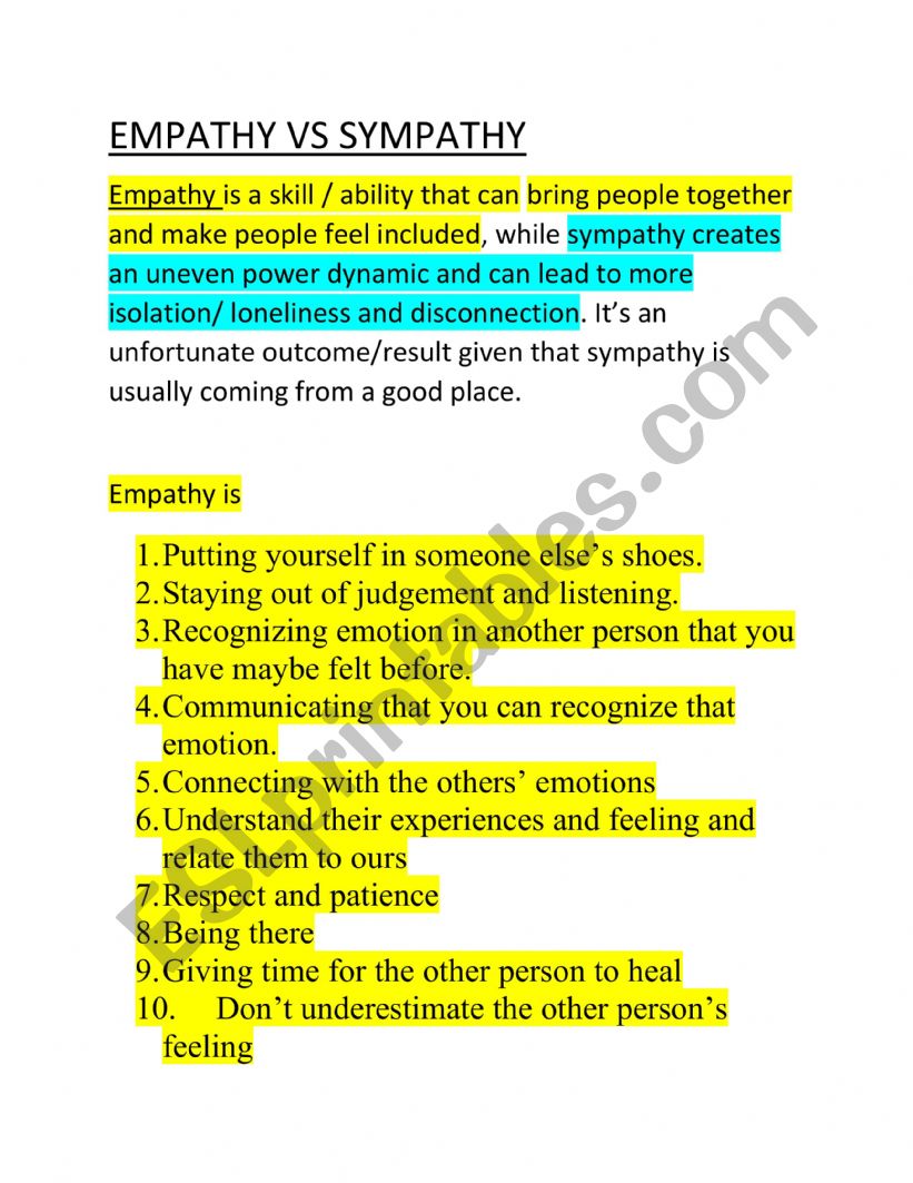 emphathy vs sympathy worksheet