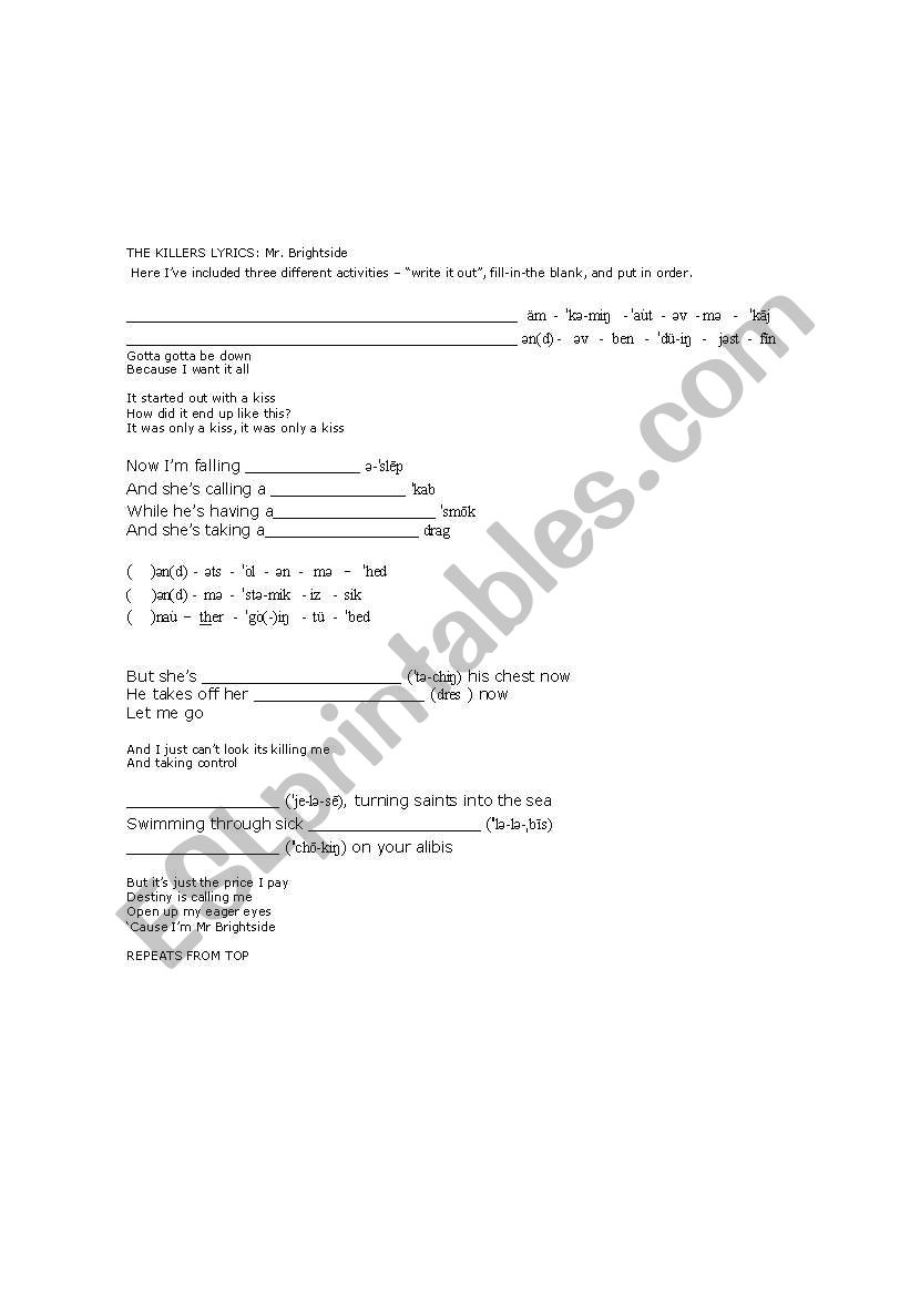 phonetics activity with song worksheet