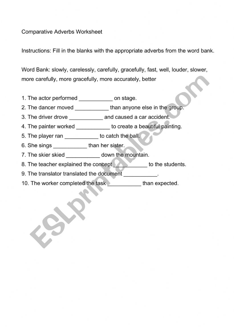 Comparative Adverbs Worksheet worksheet