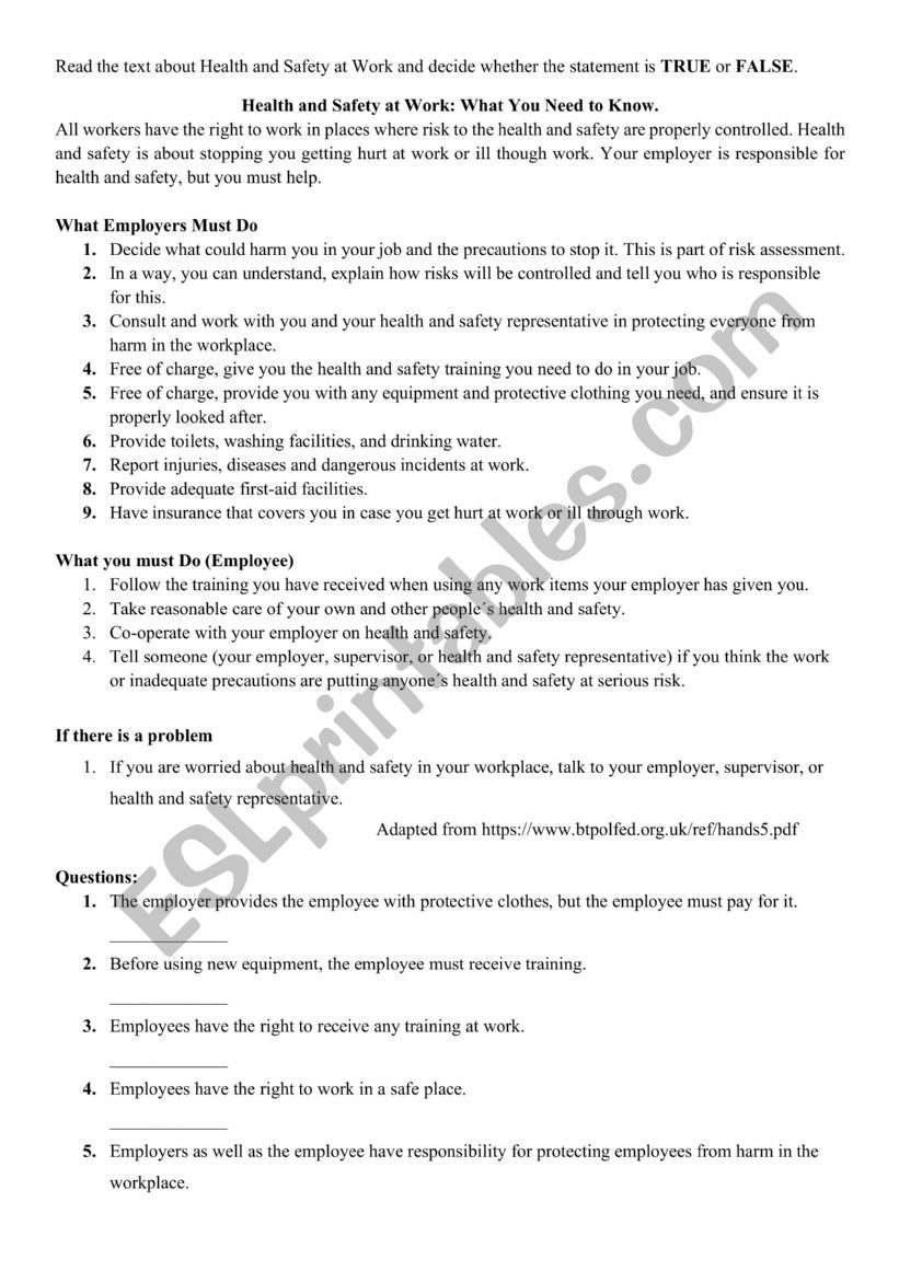 Health and Safety at Work worksheet