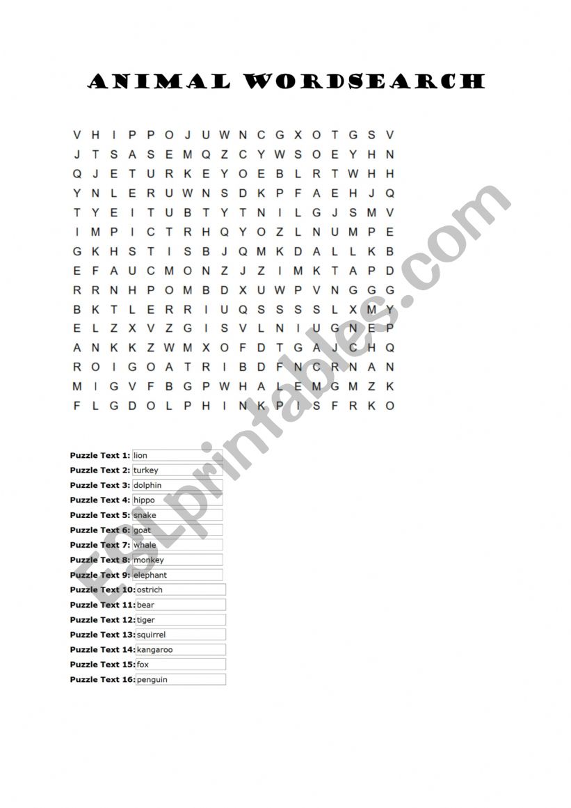 animal wordsearch worksheet