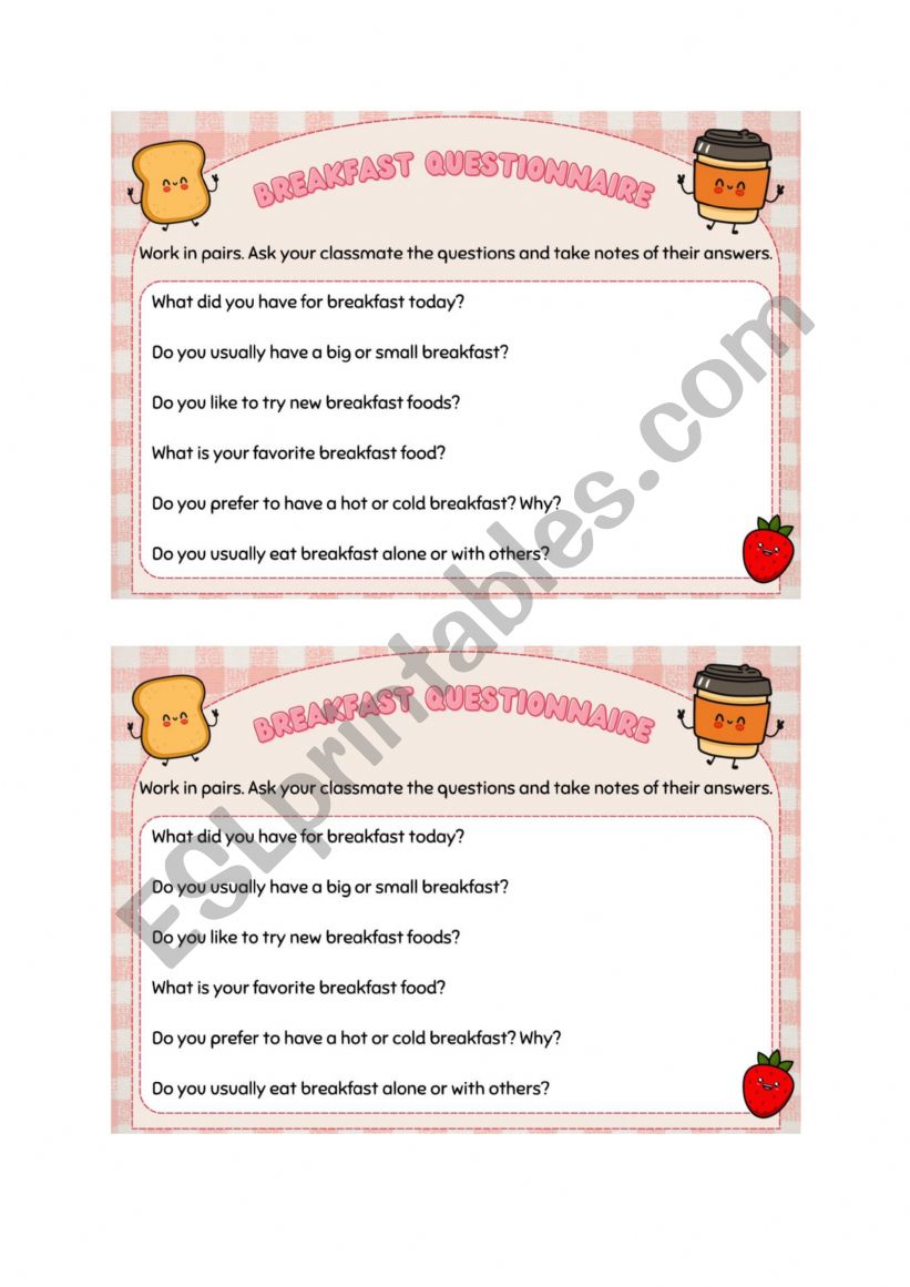 Breakfast questionnaire - Speaking practice