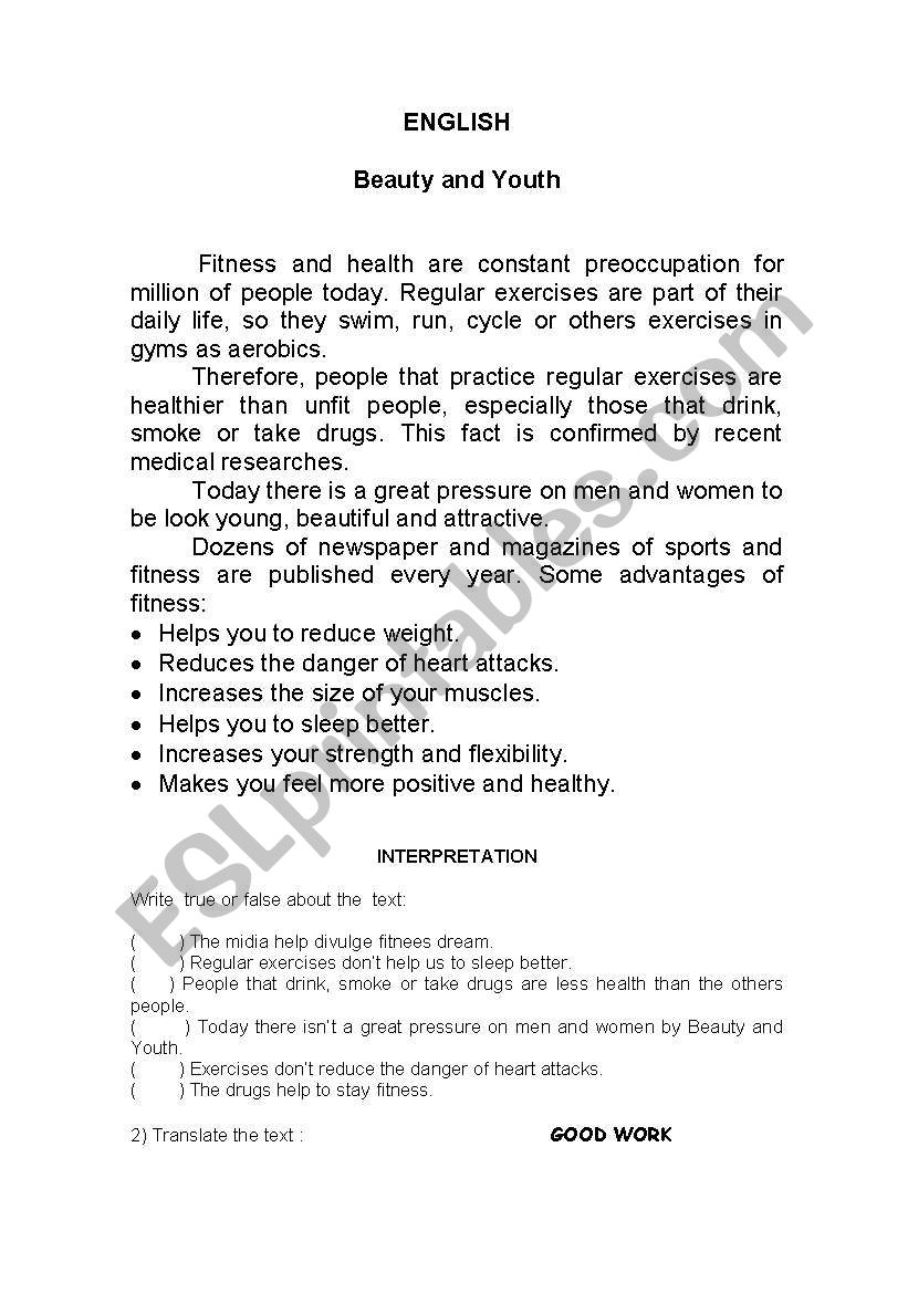 Text: Beauty and Youth worksheet