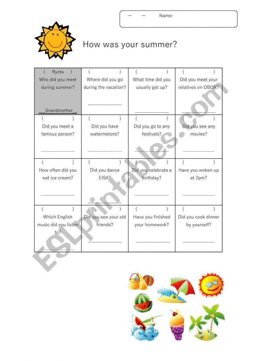 summer vacation interview bingo