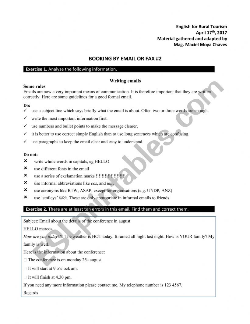 Booking by email or fax #2 worksheet