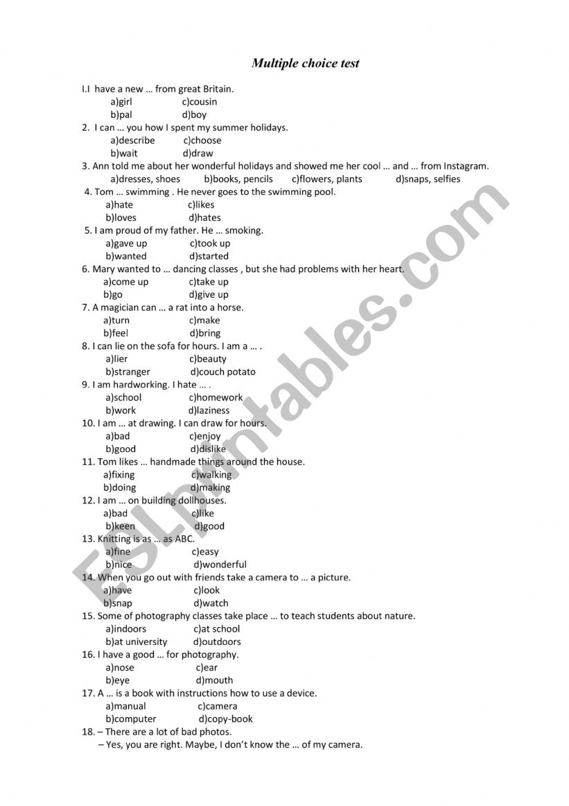 Multiple choice test worksheet