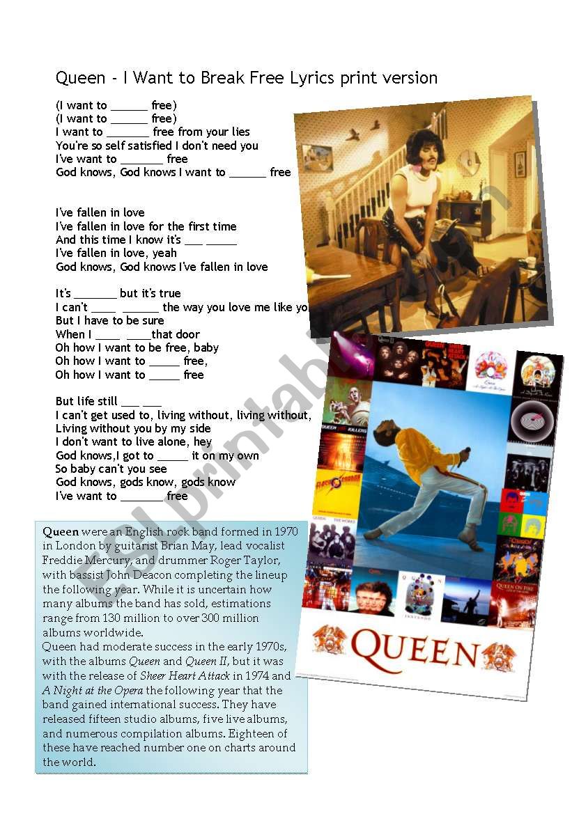 Queen- I want to break free worksheet