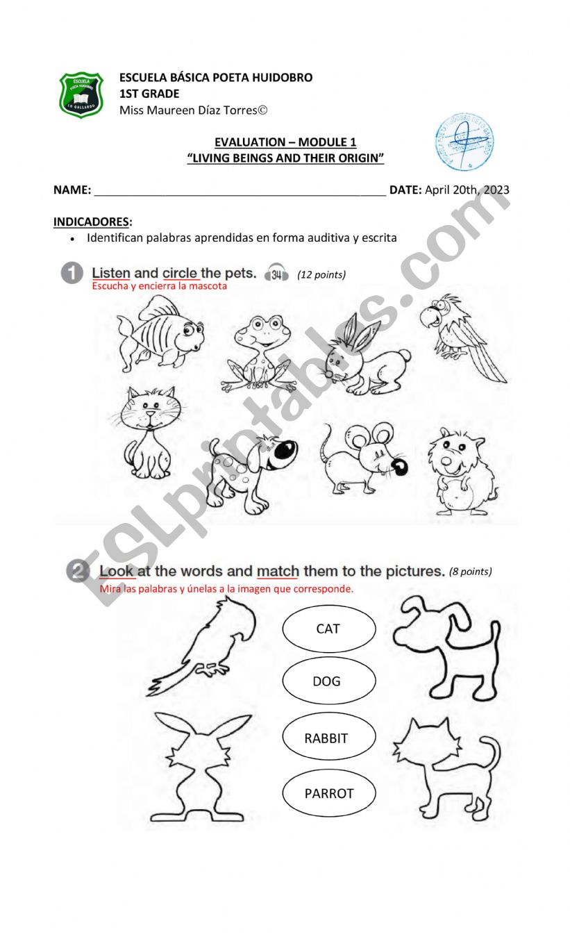 1ST GRADE TEST MODULE 1 MY FAMILY