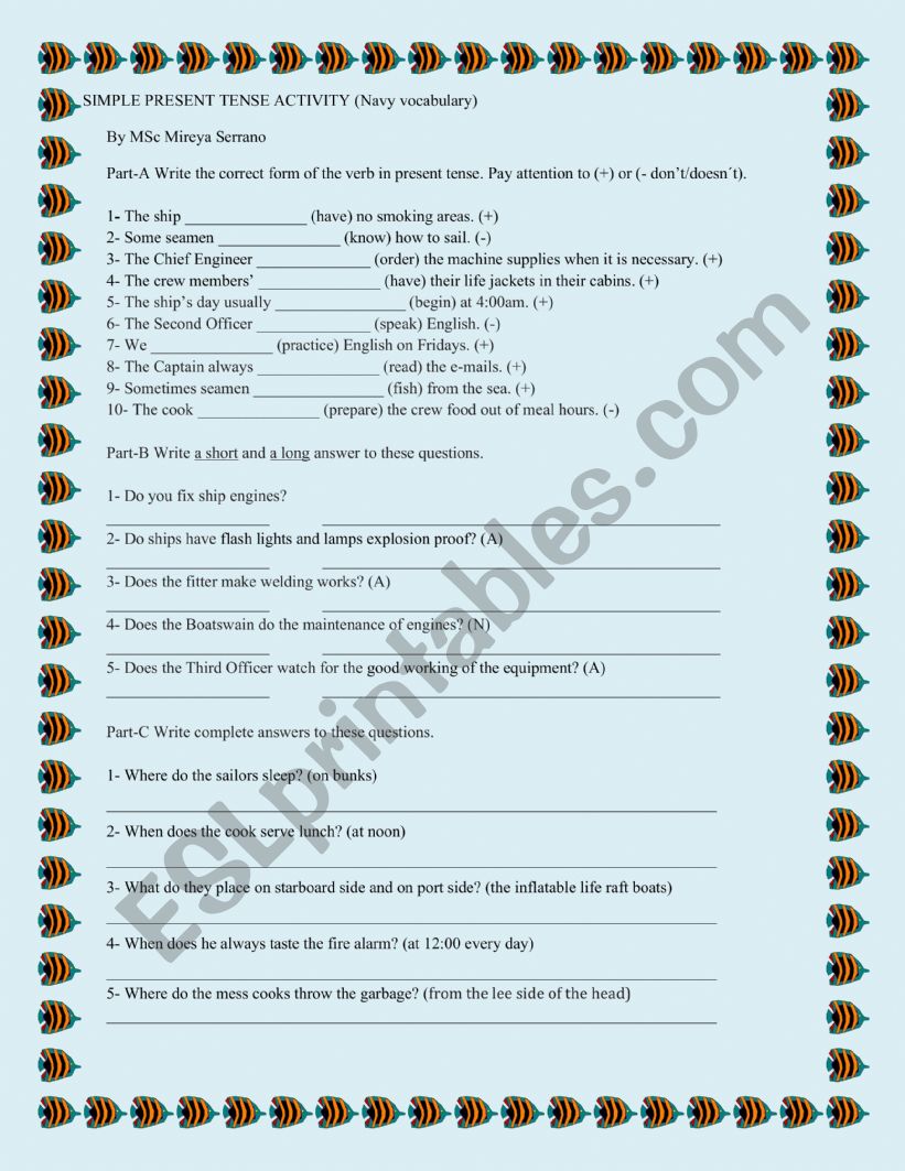 Present simple tense activity (navy vocabulary)