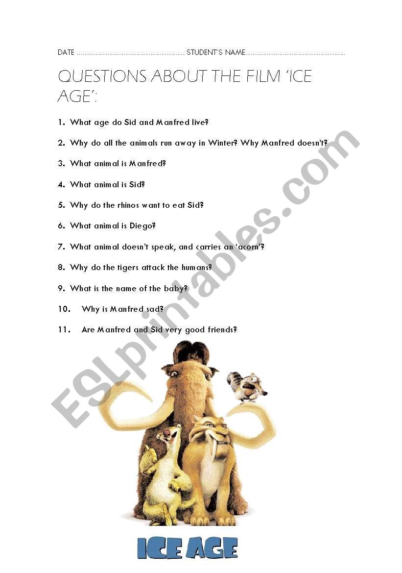 Ice Age Film Questions Esl Worksheet By Laualso