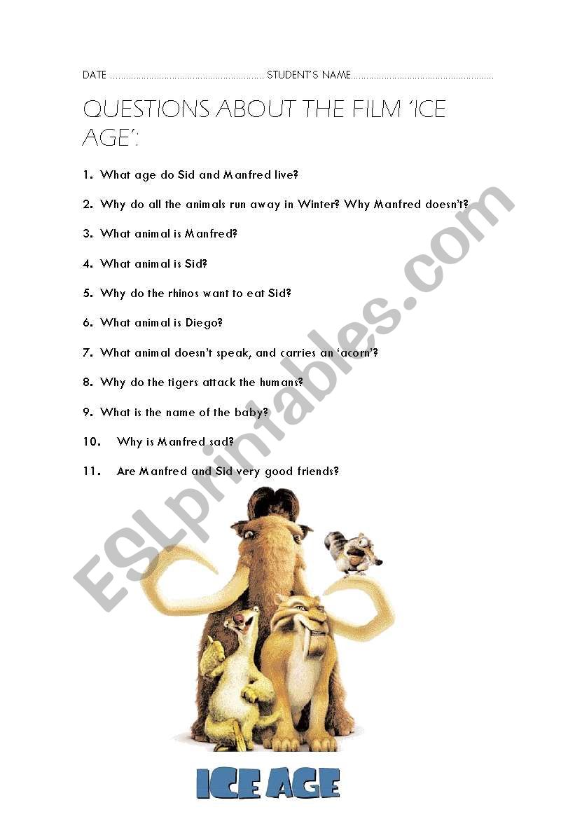 Ice Age- Film Questions worksheet