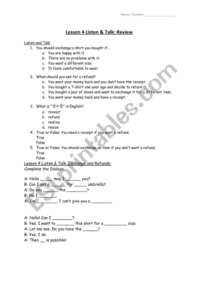 ESL Listen and Talk Activity worksheet
