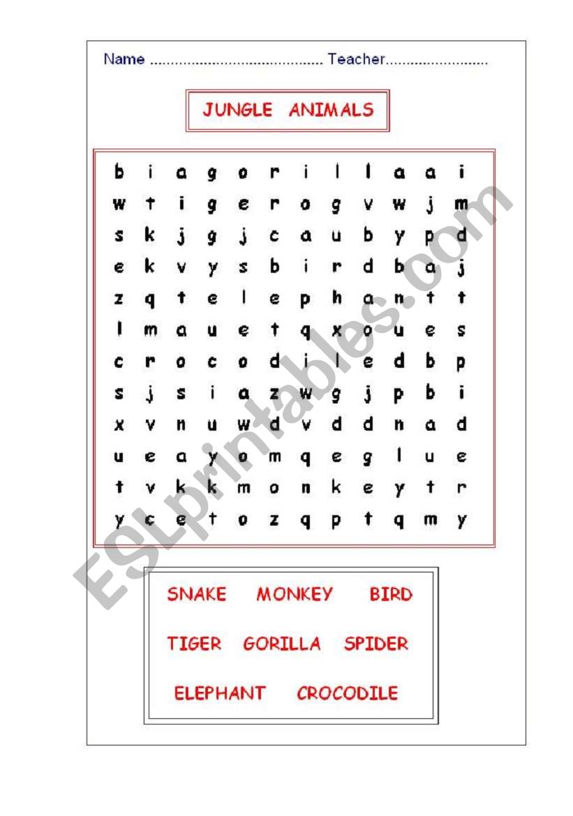 Jungle animals - word searches