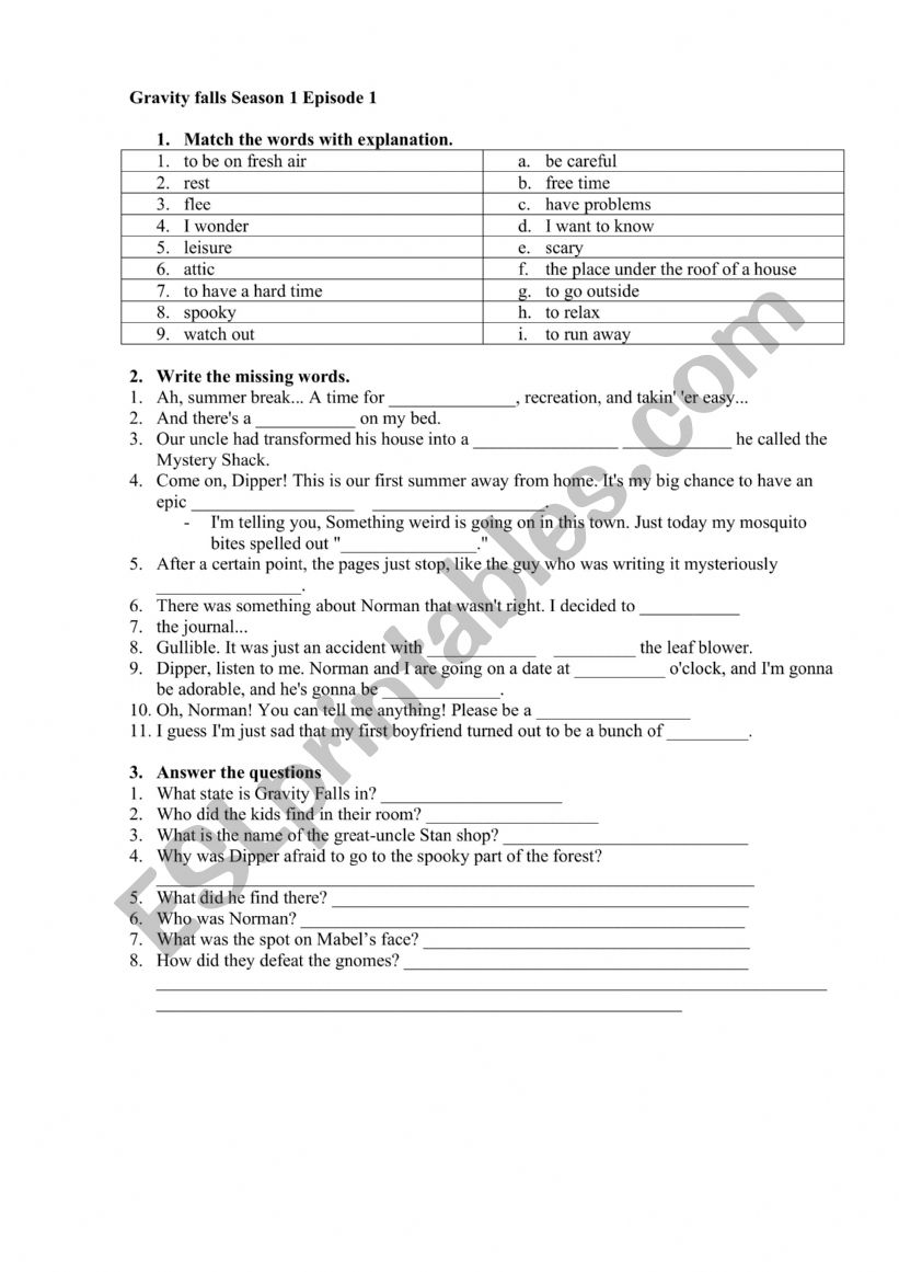 Gravity falls Season 1 Episode 1 Worksheet