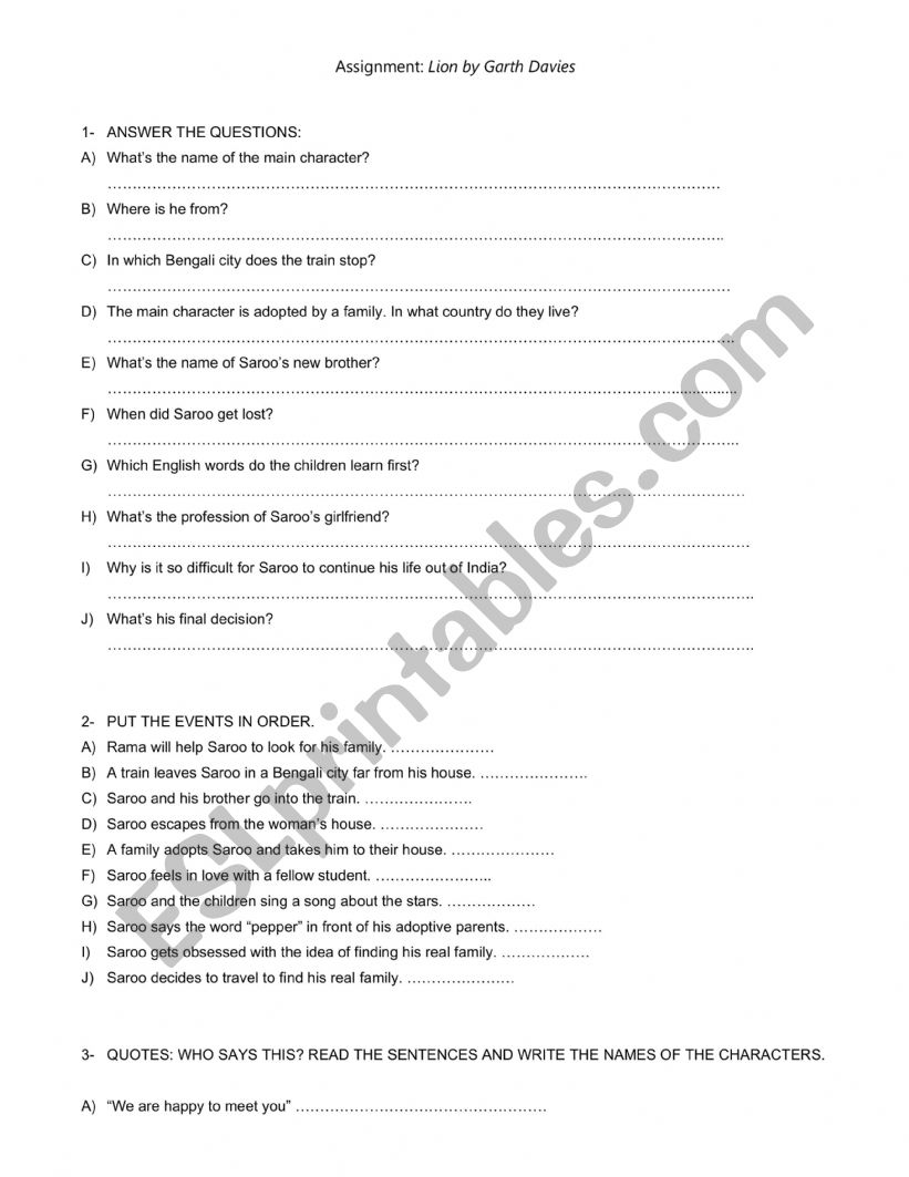MOVIE ASSINGMENT - LION  worksheet