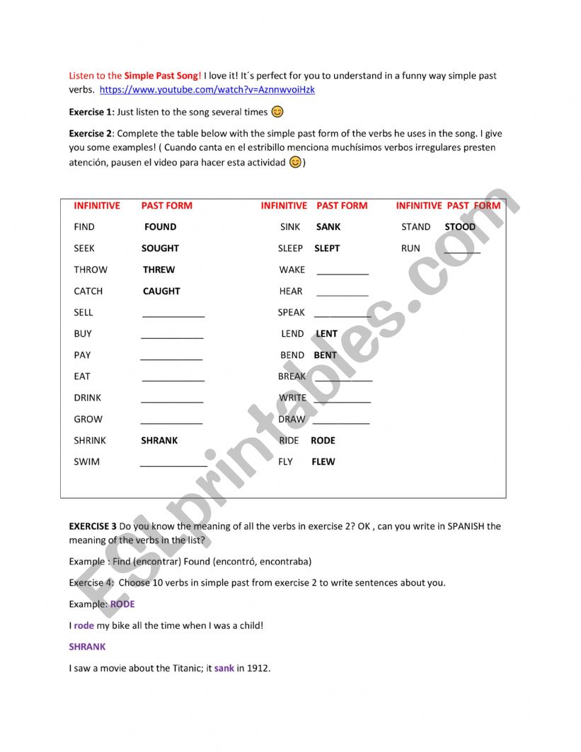 The Simple PAST SONG worksheet