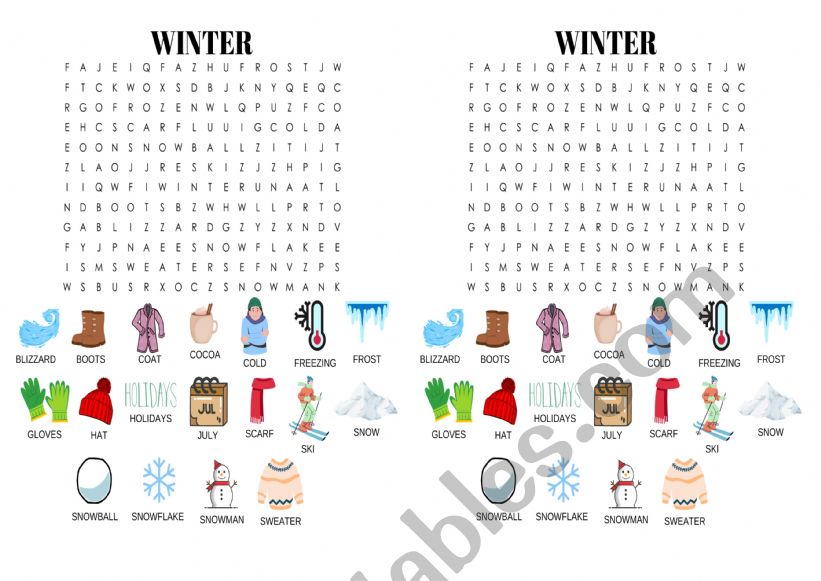Winter holidays wordsearch worksheet