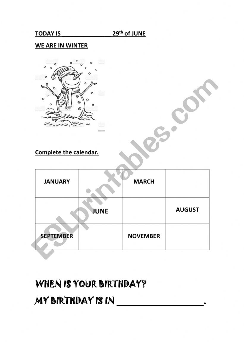 Calendar worksheet