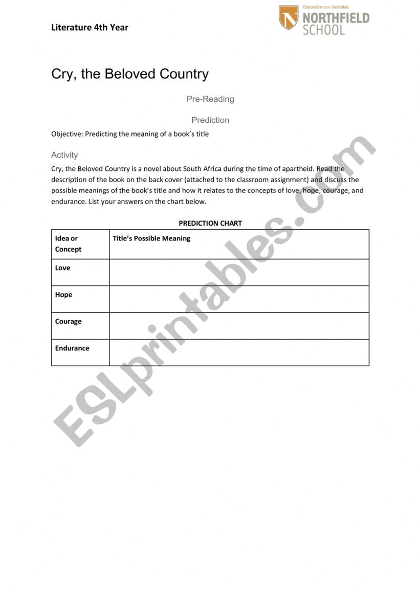 Cry, the Beloved Country - Pre-reading activities