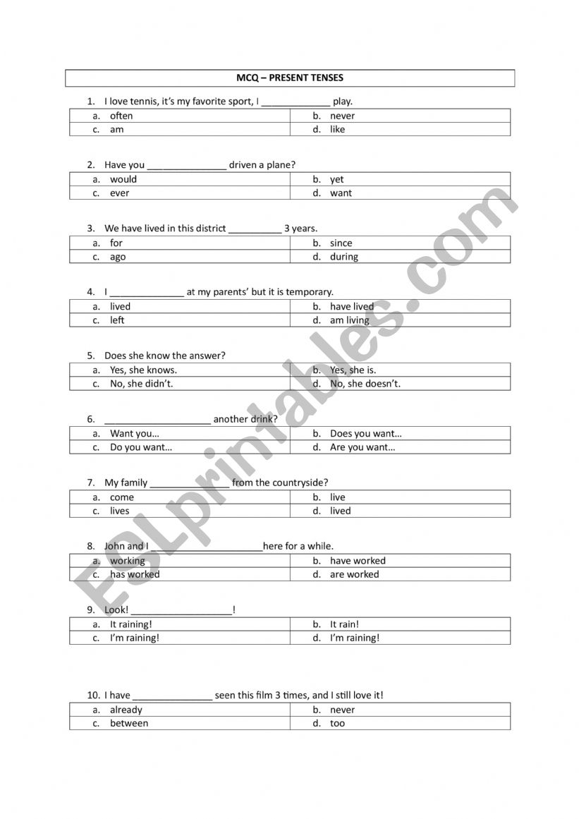 MCQ PRESENT TENSES worksheet