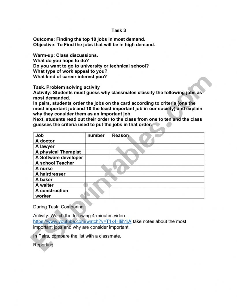 Choosing my favourite job worksheet