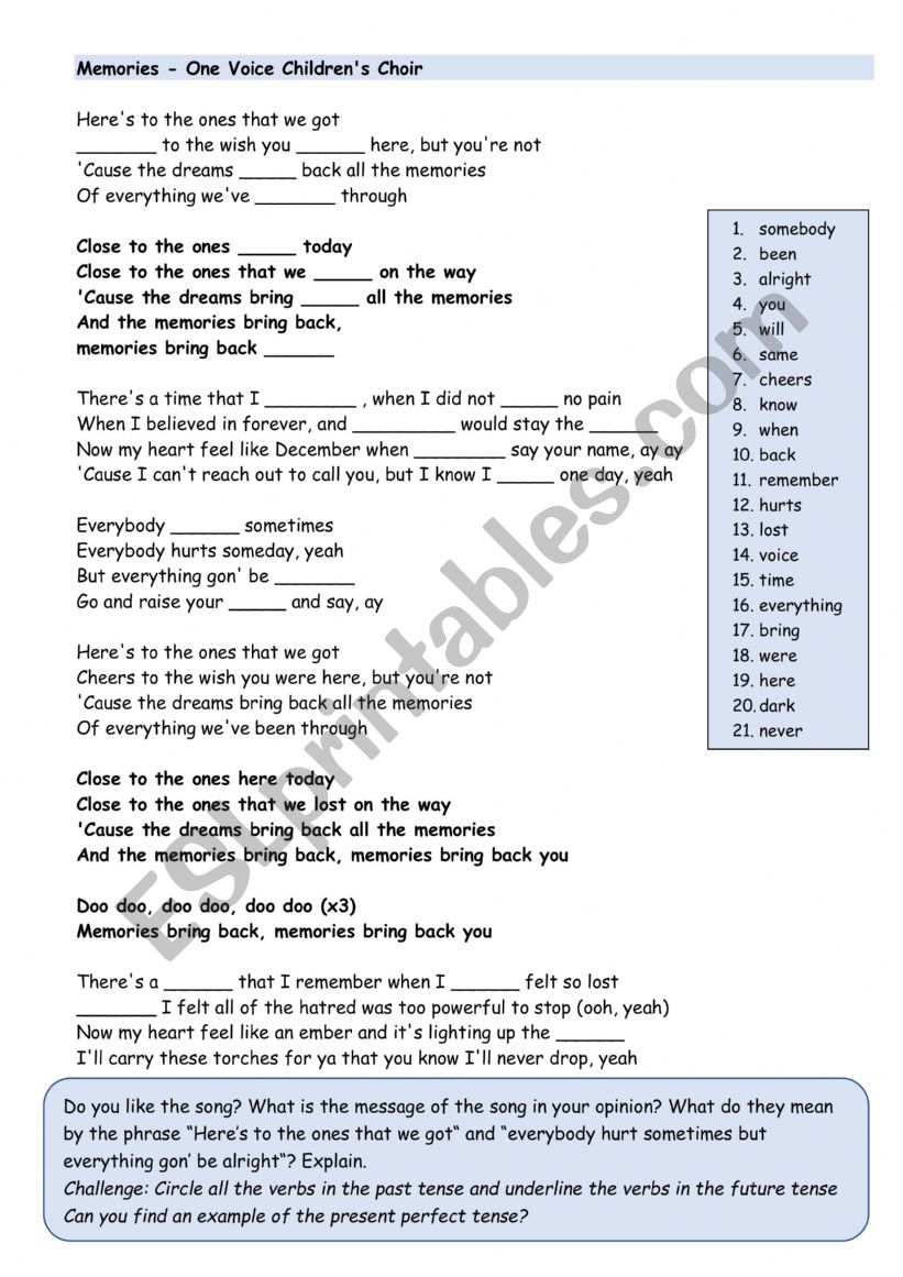 Fill-in activity - Memories by One Voice Childrens choir/ Maroon 5