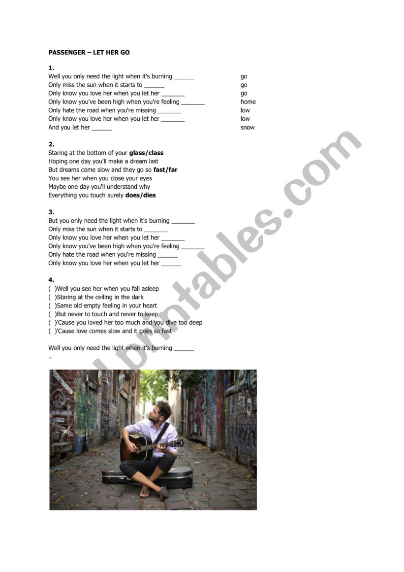 Let her go song by passanger  worksheet