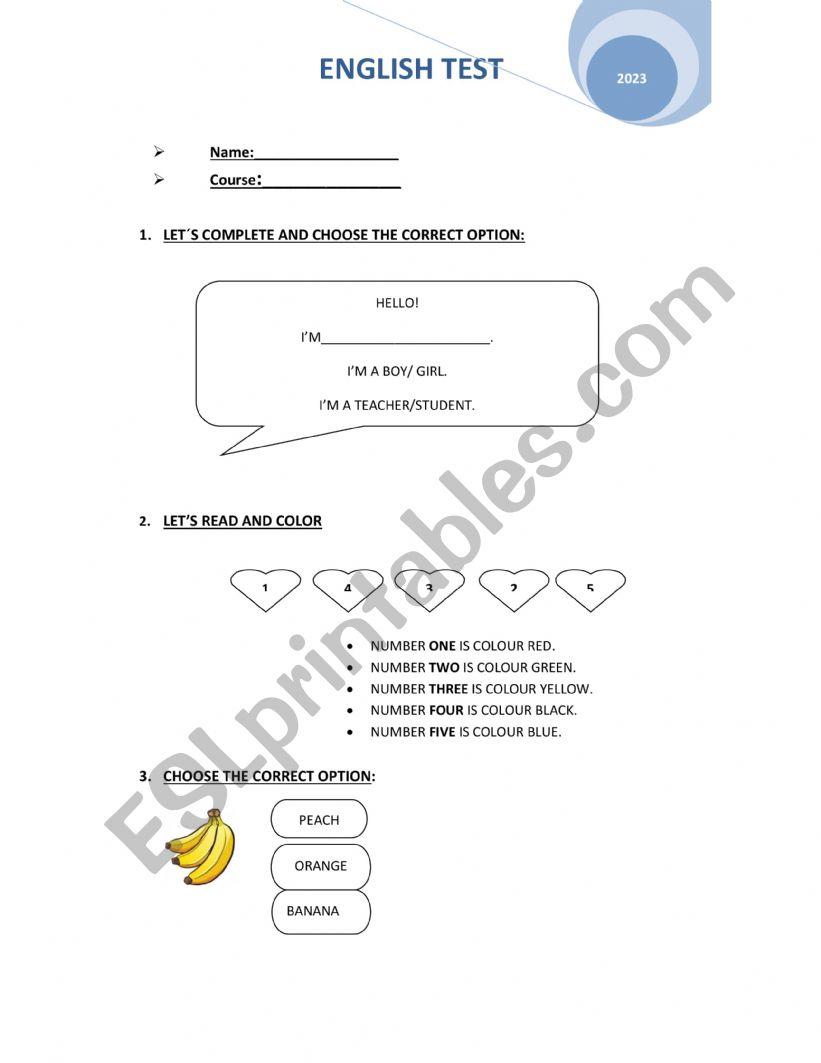 First grade test worksheet