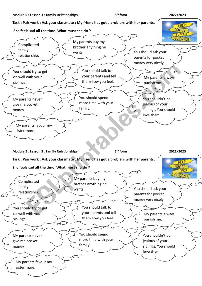8th Form Tunisian Pupils : Module 5 : Lesson 3 : Family Relationships ( Writing )