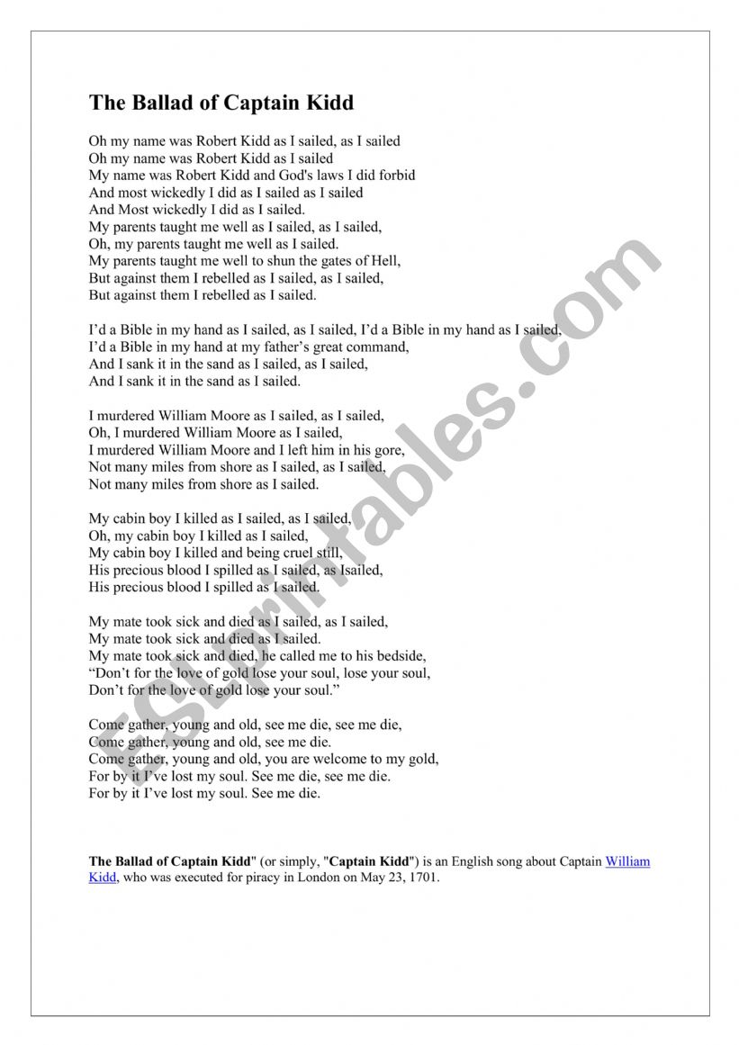 The Ballad of Captain Kidd  worksheet