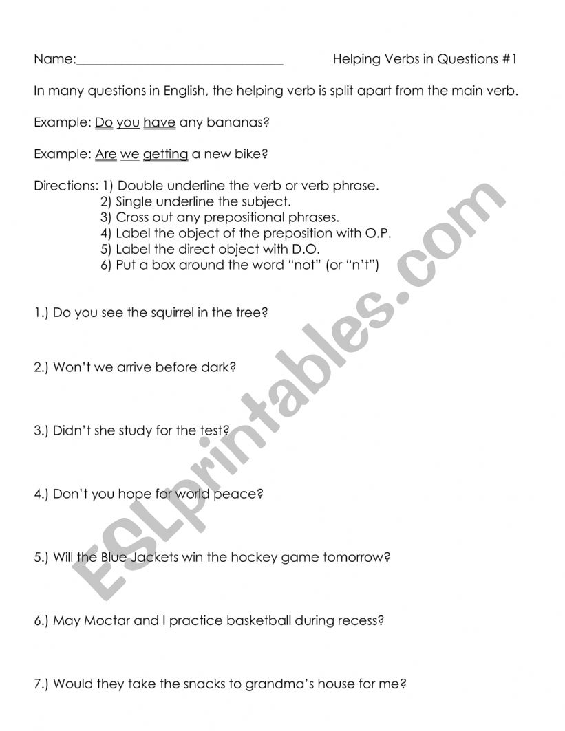 Helping verbs in questions 1 worksheet