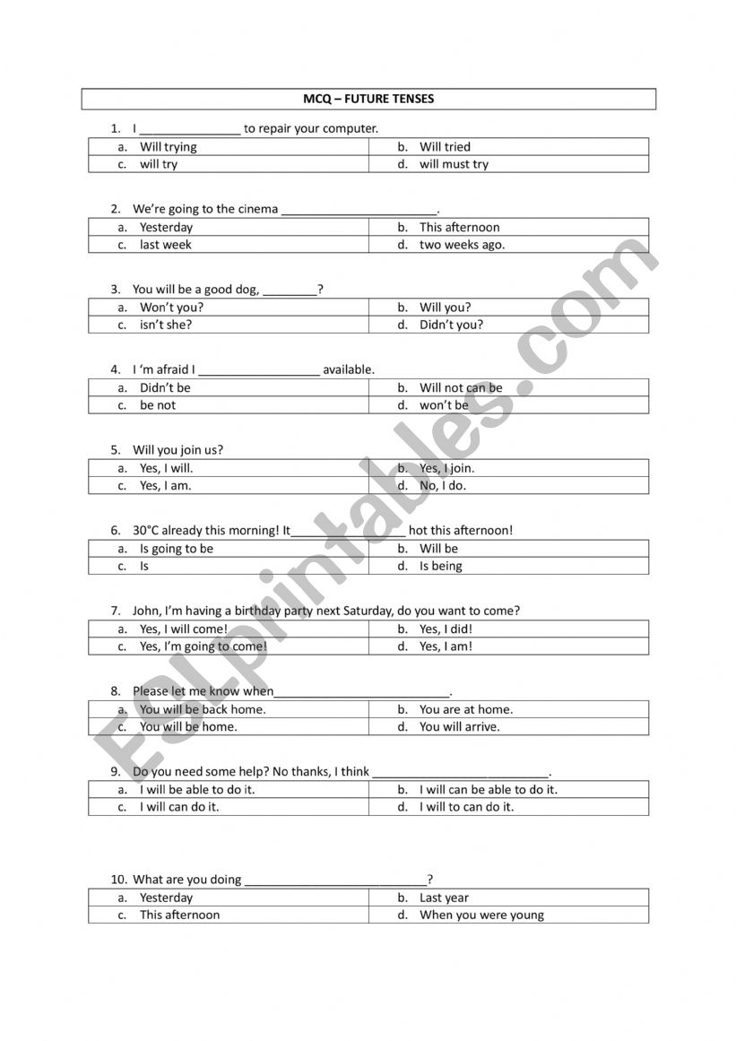 FUTURE TENSES MCQ worksheet