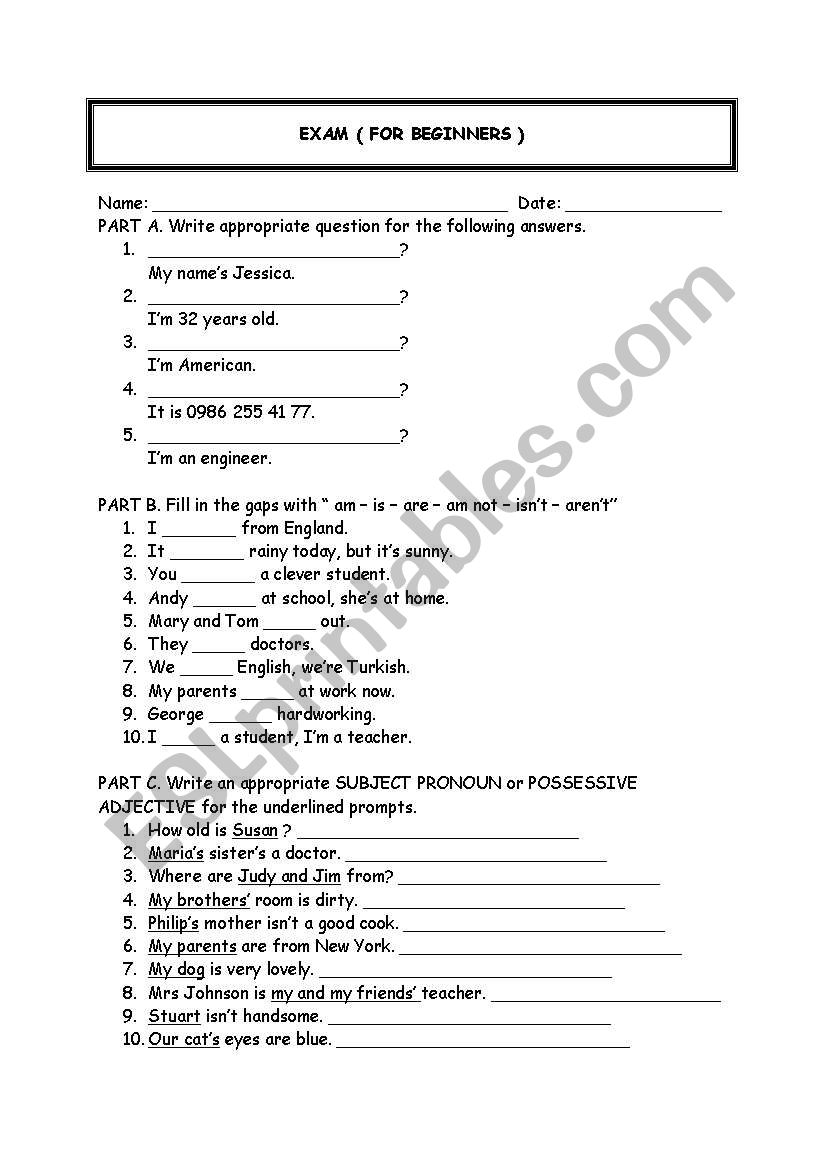 exam for beginners worksheet