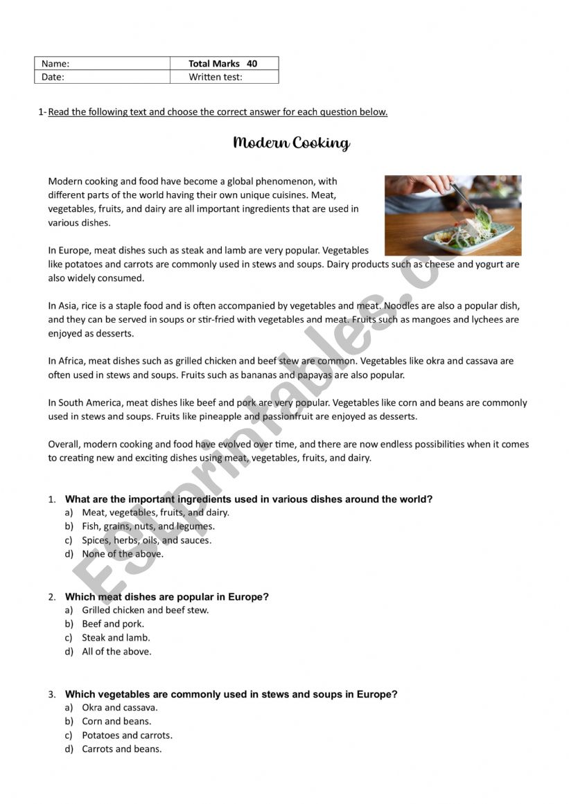 Modern Cooking worksheet